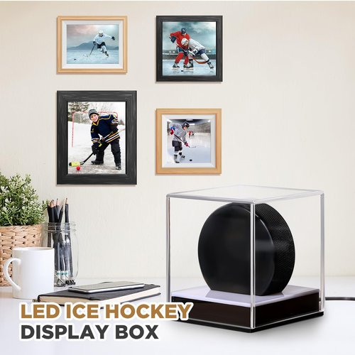 Colingmill Clear Hockey Puck Display Case with LED Light Acrylic Dustproof UV Protection Hockey Puck Holder Stand for Collectibles Storage Display