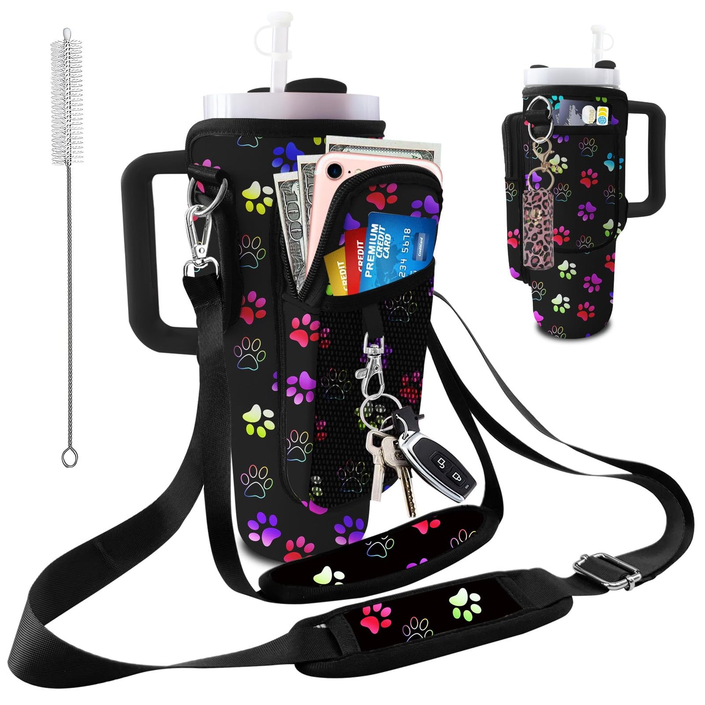 40 oz Tumbler Carrier with Strap Water Bottle Holdeand 30oz Tumbler Carrier with Strap Bottle Holder Dog Paw Stanley Cup Purse Accessories for Hiking Travelling Camping 3 Pockets to Hold More
