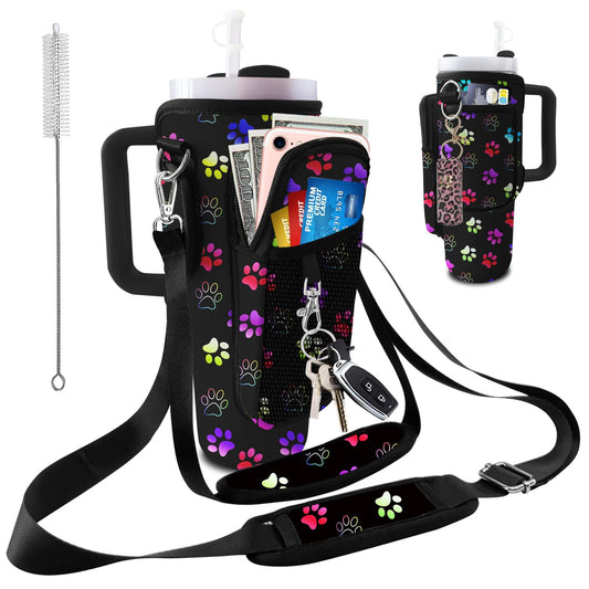 40 oz Tumbler Carrier with Strap Water Bottle Holdeand 30oz Tumbler Carrier with Strap Bottle Holder Dog Paw Stanley Cup Purse Accessories for Hiking Travelling Camping 3 Pockets to Hold More