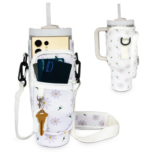 Uniquely Zia Stanley 40oz Tumbler Crossbody Bag with Adjustable Strap, Zipper Pocket and Key Holder (Daisy Print)