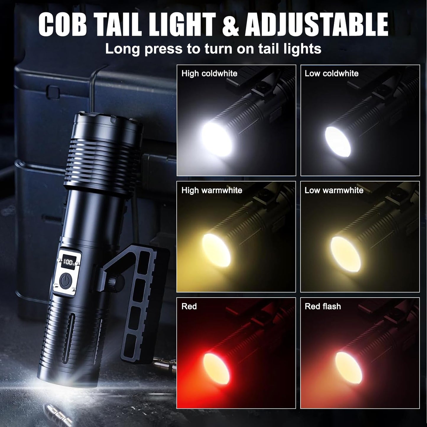 Flashlights High Lumens, Rechargeable Flashlights with Cob Taillight, 2500 Lumens Super Bright Flashlight, Flash Light with 11 Modes for Camping Emergencies Outdoors