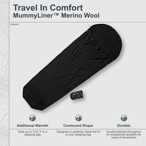 Merino Wool MummyLiner - Premium Black Sleeping Bag Liner for Comfort & Warmth