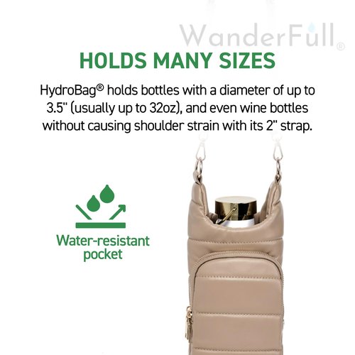 WanderFull® Original HydroBag® Vegan Leather, Fits Up to 32 oz Water Bottle Holder w/ 2 Straps, Hands-Free Crossbody Water Bottle Carrier Bag with Phone Pocket, Tumbler Accessories - Taupe