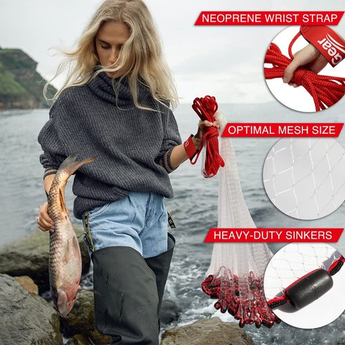 BasicGear Cast Net for Bait Trap Fish, Protected Weights, 5ft Radius with 3/8 inch Mesh for Freshwater and Saltwater, Professional Grade and Upgraded Material, Throw Style