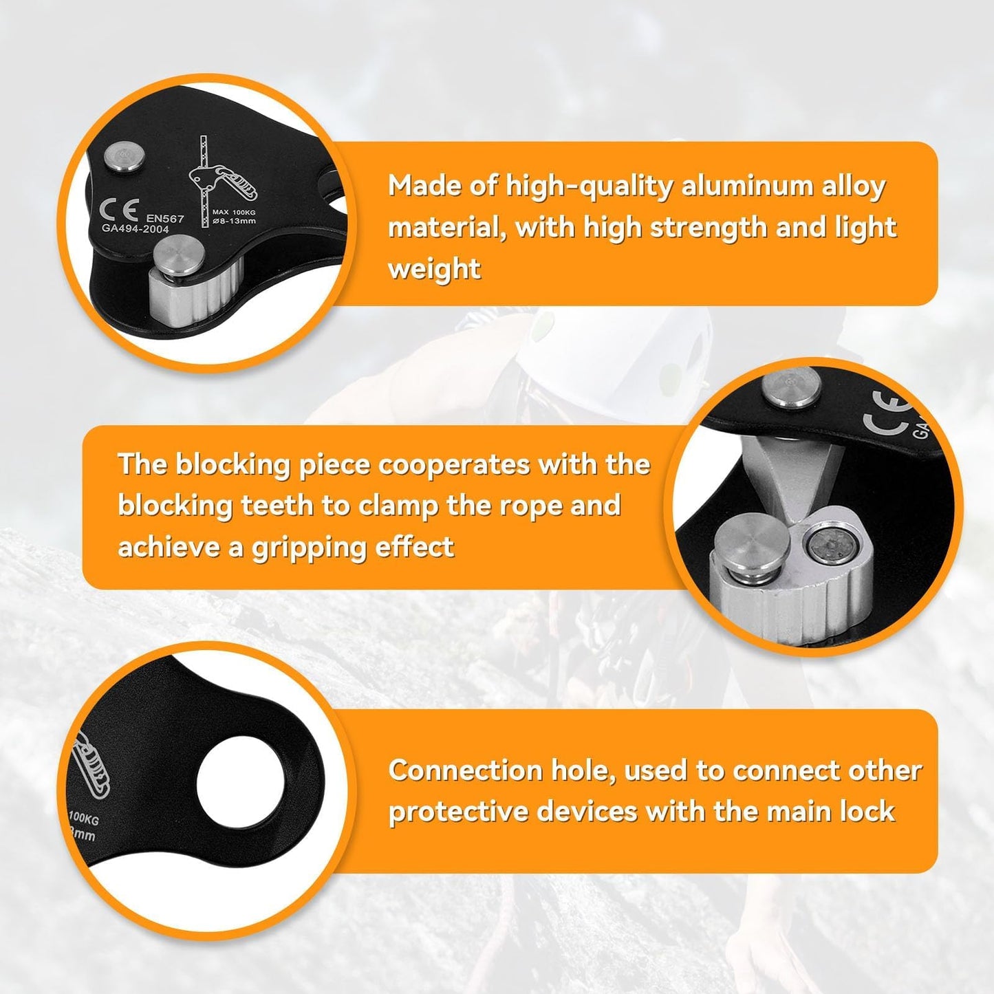 HERCHR Climbing Rope Grab Ascender Riser Adjuster, Self Locking Stop Descender 8‑13mm Climbing Rope Grab Stopper Rescue Rappel Ring Climbing Gear Rocking Fall Arrest Protection Belay Device(Black)