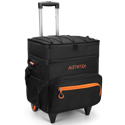 Rolling Cooler with Wheels and 𝟗𝟖𝐂𝐌 Handle, 𝟔𝟎+ Can Leakproof Soft Sided Travel Cooler, Double Deck & Enhanced Stability Wheeled Cooler, Insulated Cool Bag for Camping,Grocery,Beach,Outdoor