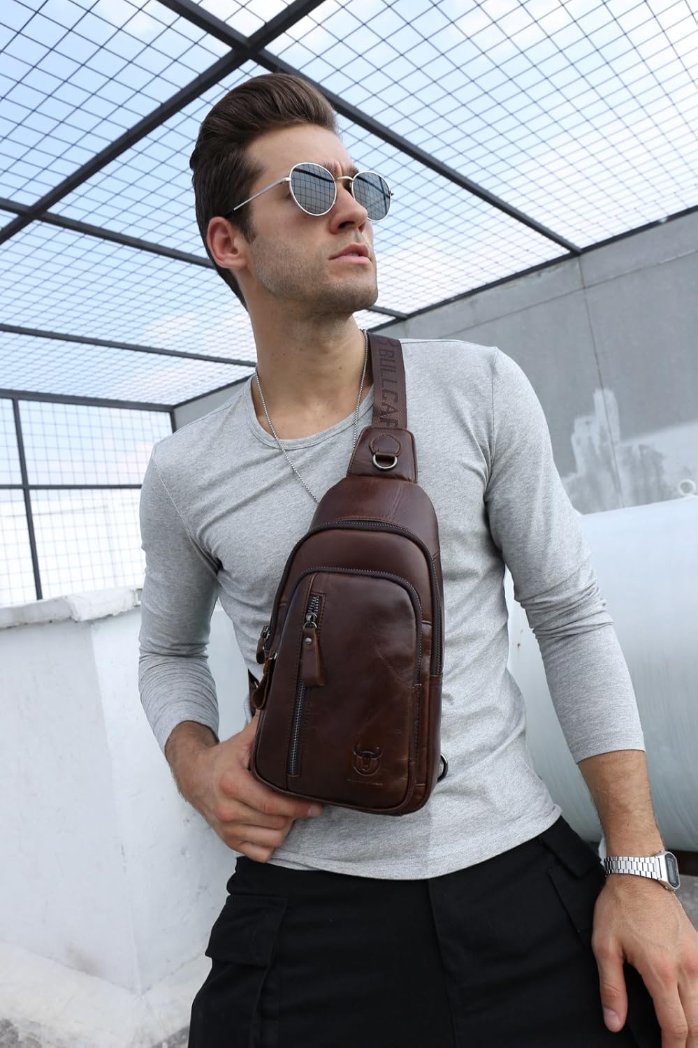 Sling Bag, Leather Chest Bag Crossbody Shoulder Business Backpack Outdoor Coffee