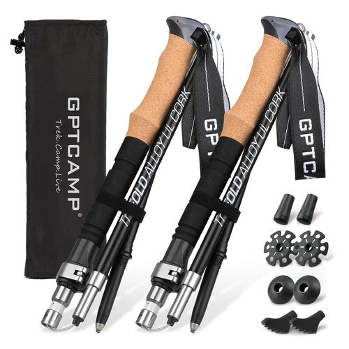 GPTCAMP Nordic Walking Stick, TPZ-1, Black 2pc Folding Collapsible Hiking Poles with Metal Quick Lock, Cork Handle, Lightweight 7075 Aluminum Trekking Poles for Seniors Women Men Hiking Gear