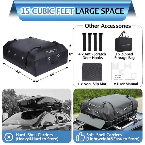 IDEALHOUSE 2024 New Rooftop Cargo Carrier Bag – 15 Cu Ft Heavy-Duty Robust Waterproof & Durable Storage Bag, Universal Fit with 8 Door Hooks