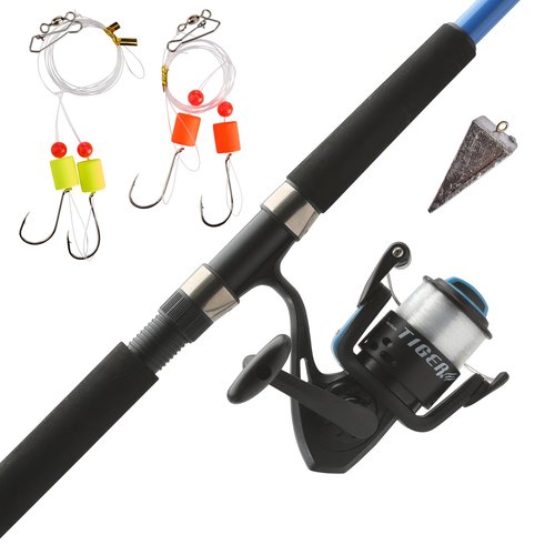 Shakespeare Tiger Surf Spinning Reel and Fishing Rod Combo with Bottom Float Rig, 9' 2-Piece Fishing Rod, Tubular Fiberglass Rod Blank Construction, Comfortable and Durable EVA Handle