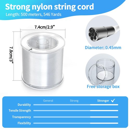 Clear Fishing Wire, 1640FT Fishing Line Clear Invisible Hanging Wire Strong Nylon String Supports 40 Pounds for Balloon Garland Hanging Decorations