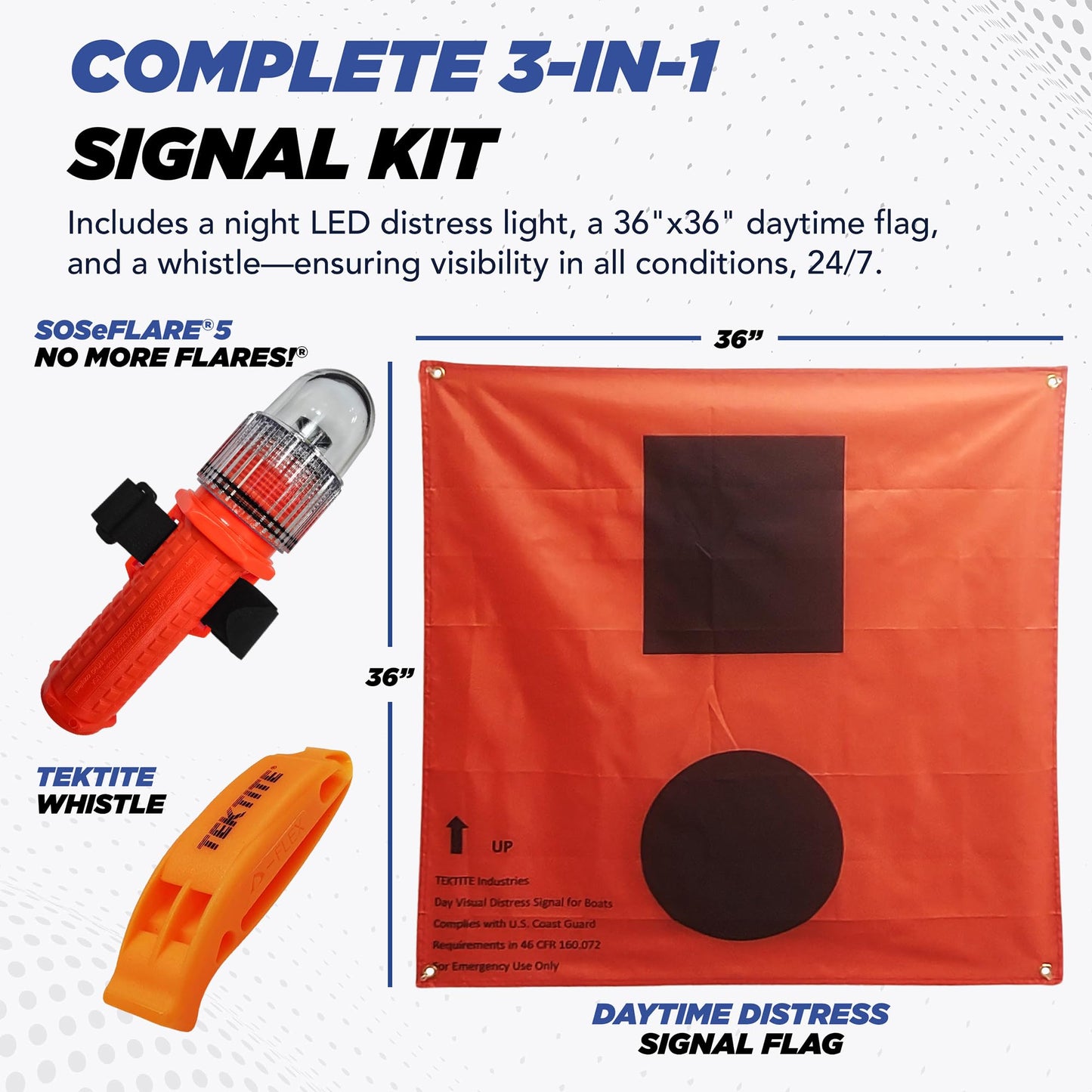 TEKTITE® SOSeFLARE 5 NO MORE FLARES! Electronic Boat Distress Flare w/Flag and Audible Signal Kit- USCG & SOLAS Compliant Marine Safety Signal - Waterproof LED & Audible Locator for Boats