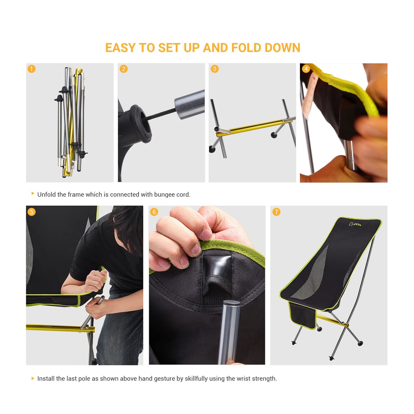 ATEPA Ultralight Camping Chair Lightweight High Back Folding Camping Chair with Pocket & Carry Bag Compact Backpacking Camp Chair for Outdoor Indoor Sports Hiking Beach Fishing