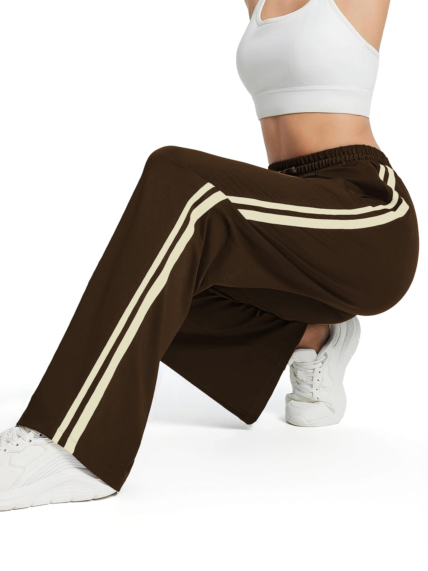 Tapata Petite Womens 28" Inseam Track Pants Relaxed Fit Striped Workout Sweatpants Baggy Trousers with Zipper Pockets, Brown, S
