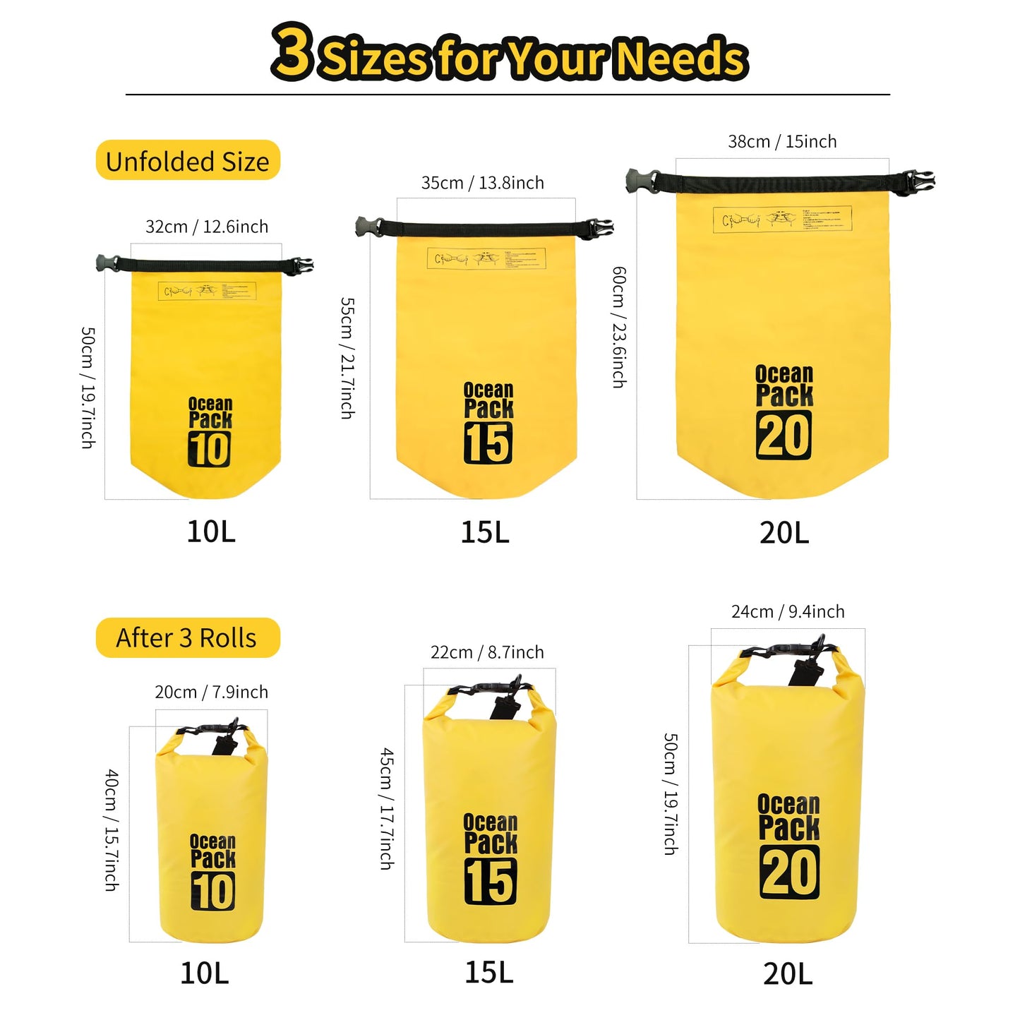KINGS KRAFT Dry Bag Waterproof for Women Men,20L Rolled Lightweight Dry Storage Bag Backpack with Phone Case for Travel,Swimming,Boating, Kayaking,Camping & Beach,Yellow