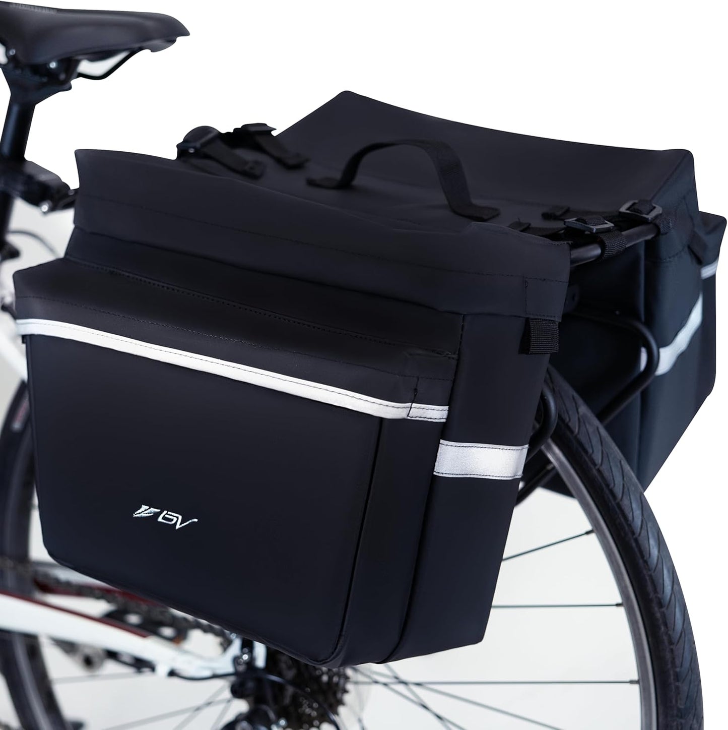 BV 26L Rear Bike Bag - Bike Saddle Bag with 4 Zippered Compartments & Adjustable Hooks - Water-Resistant Bike Bags for Bicycles with Reflective Trim, Taillight Hanger & Handle - Fits Most Racks