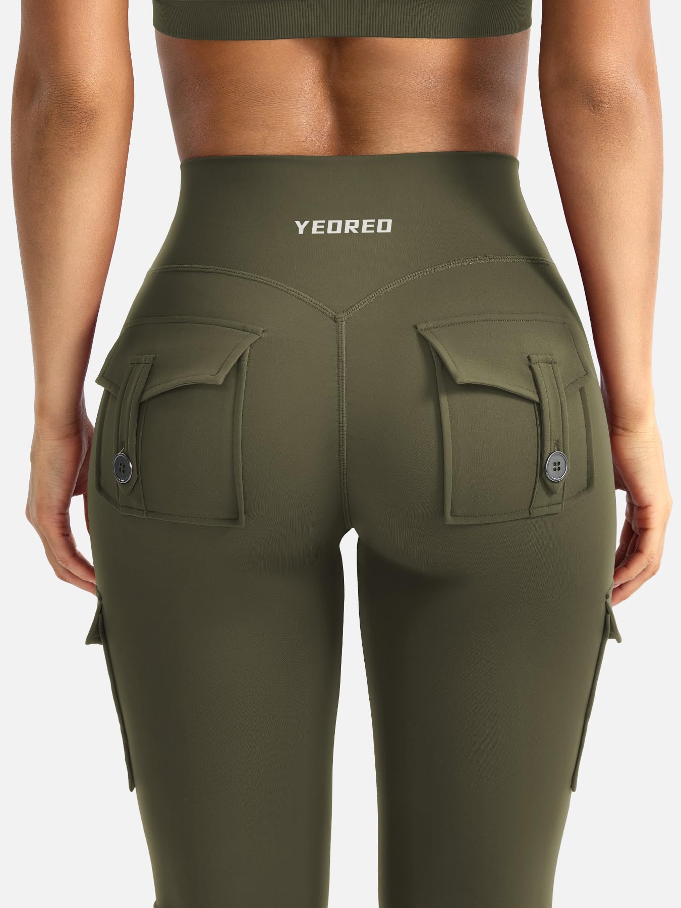 YEOREO CoreFlex Women Workout Flare Leggings with Pockets Scrunch Cargo Gym Yoga Leggings Army Green L