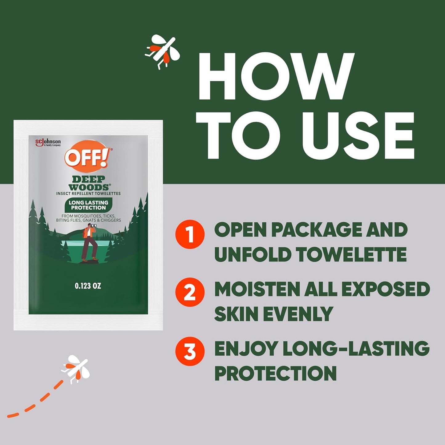 OFF! Deep Woods Mosquito, Tick, and Insect Repellent Wipes, Long lasting, 12 Individually Wrapped Wipes