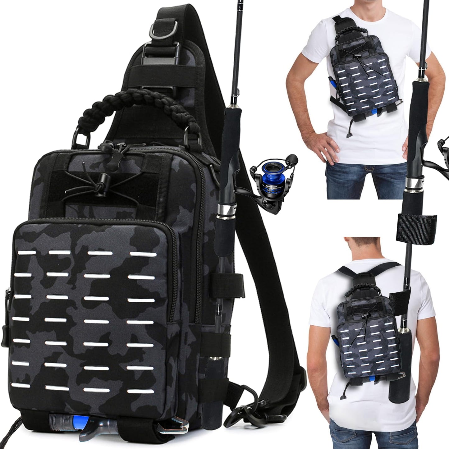 Fishing Tackle Bag with Rod Holders, Multifunctional Reflective Stripes Backpack Crossbody Sling Bags with Earphone Hole, Weatherproof Fashion Outdoors Bags for Fishing, Camping, Hiking