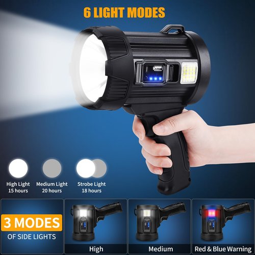 Rechargeable Spotlight, 99000 Lumens Bright LED Spotlight Flashlight, Long Running Spot Light Searchlight, Outdoor Handheld Spotlights with Solar Panels for Hunting,Camping,Boat,6 Spotlight Modes