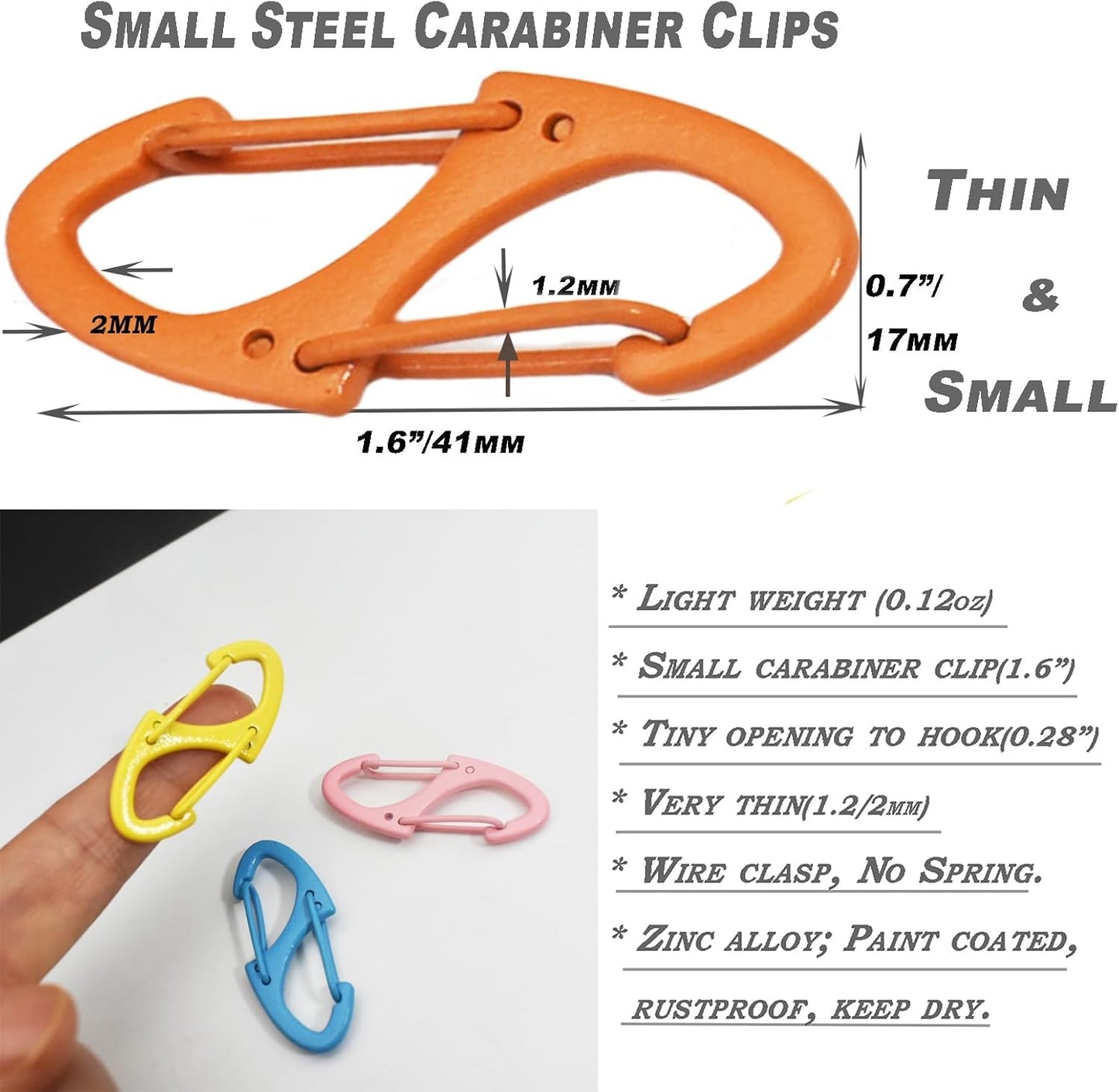 Small Carabiner Clips 1.6 inch(41mm) Metal Double Sided Spring Gate Snap Hooks Keychain Clasp Accessories