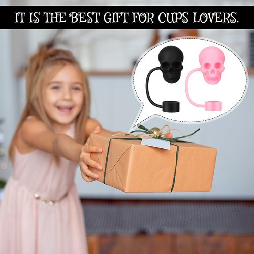 Yoande 12 Pcs Halloween Skull Straw Topper Compatible with Stanley Cup Accessories 30 40 oz 10 mm Silicone Straw Cover Cap Reusable for Halloween Cup Accessories Decoration Gift(Black, Pink)