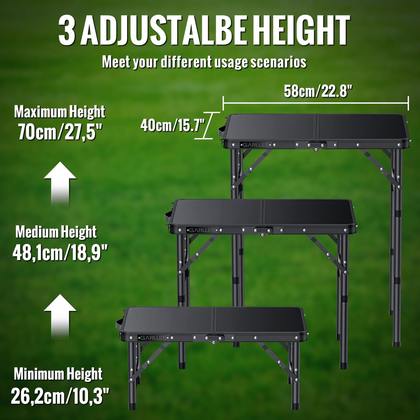 GARLLEN 2ft Folding Camping Table, 3 Adjustable Height Lightweight Folded Picnic Table, Portable Aluminum Grill Table for Camping, BBQ, Outdoor, 22.8" L x 15.7" W, Black
