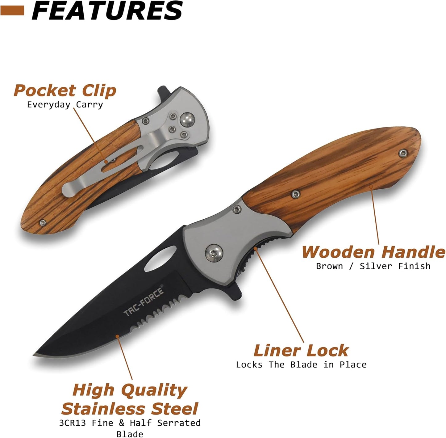 Tac-Force- Folding Pocket Knife –Partially Serrated, Black Stainless Steel Blade, Wood Handle w/Stainless Steel Bolster and Pocket Clip, Tactical, EDC, Rescue - TF-876