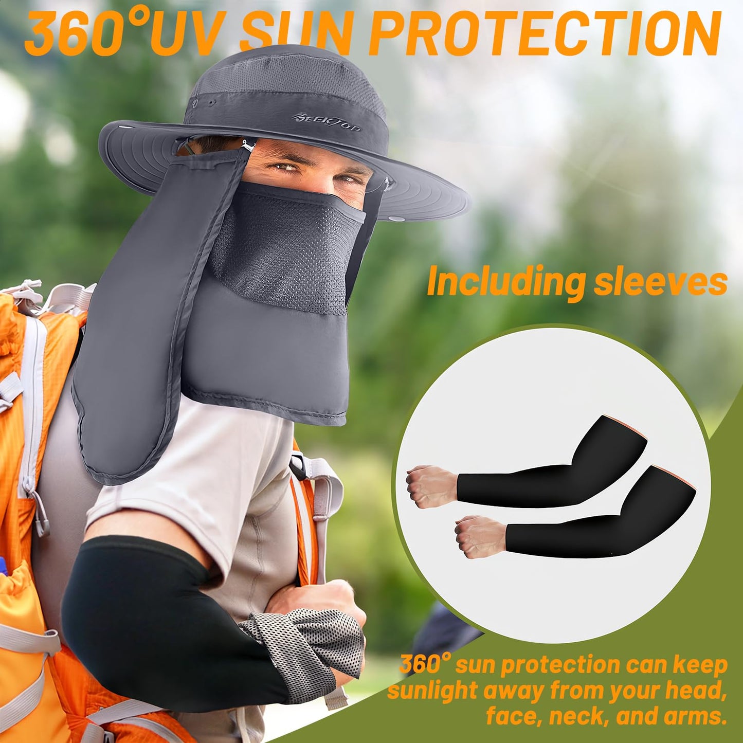 Fishing Hat for Men & Women, Outdoor UV Sun Protection Wide Brim Safari Hat with Face Cover & Neck Flap for Hiking Hats