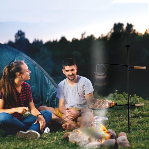 AVOFOREST Swivel Campfire Grill Grate Heavy Duty Camping Grill 360° Adjustable Over Fire Pit Grill for Outdoor Barbecue Camping Garden Dinner - 48" Rustproof Long Stakes