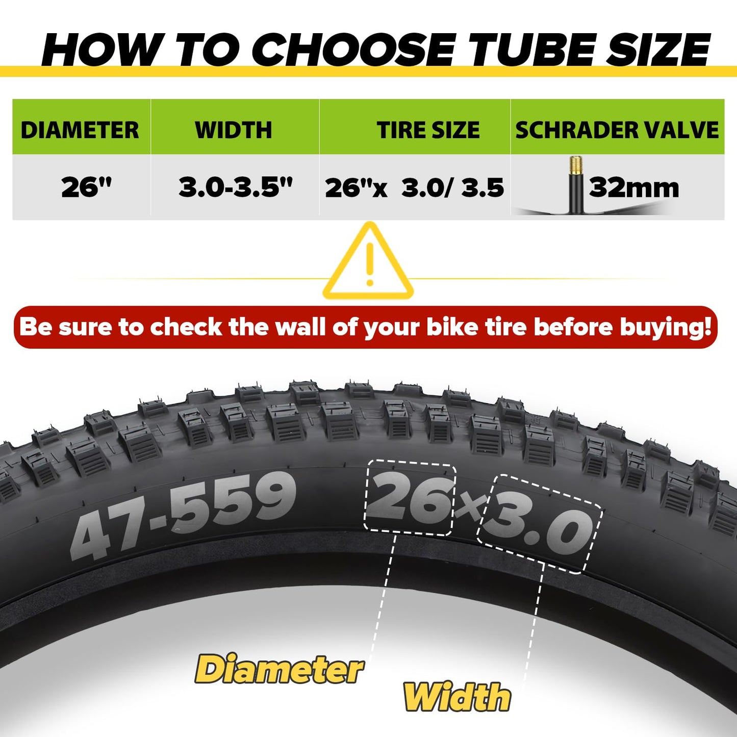 2 Pack 26x3.0 Fat Bike Tube with AV 32mm Valve, Premium Butyl Rubber 26 x 3.5 Fat Tire Bike Tubes with 2 Tire Levers, 26x3.0 Bike Tube for Road/MTB/E Bike by Hydencamm