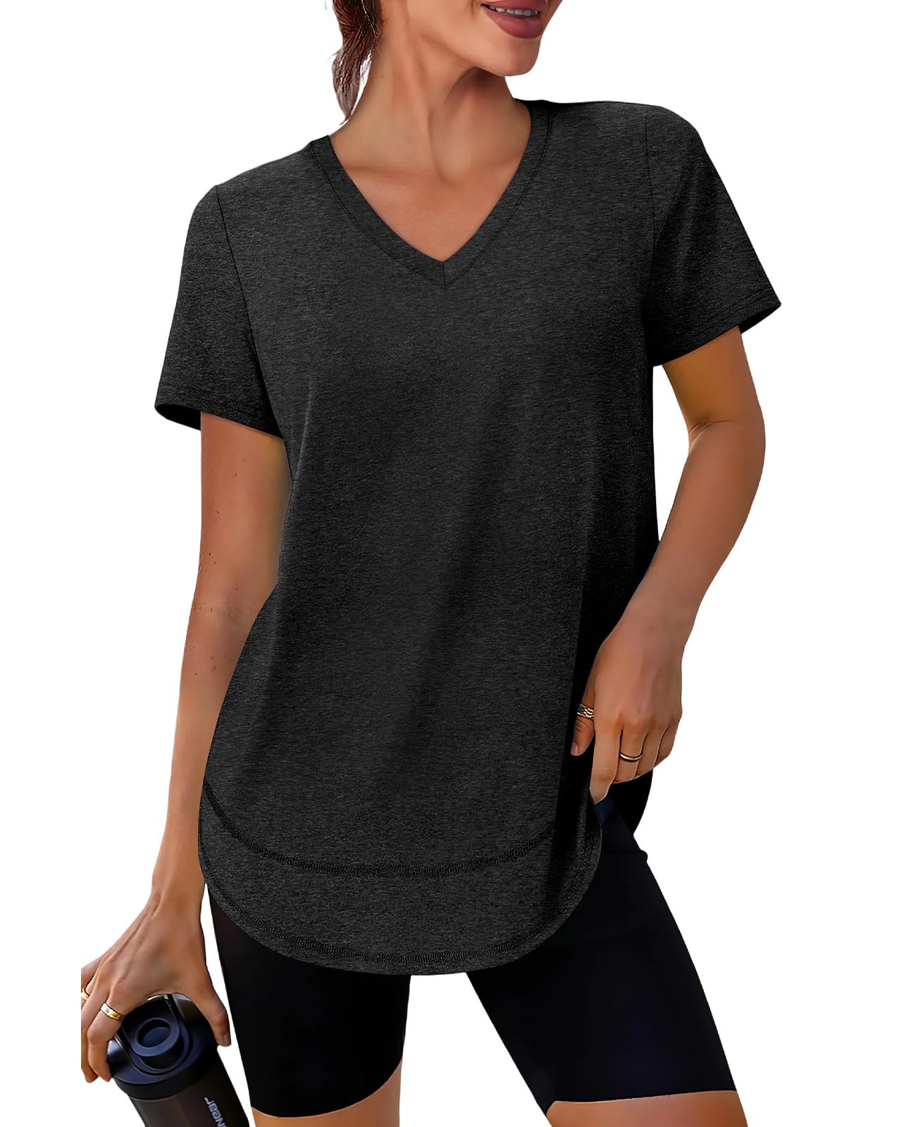 Summer Tops for Women 2026 Short Sleeve Workout Clothes Athletic Shirts Pilates Outfits Camisetas Deportivas para Mujer V Neck Black L
