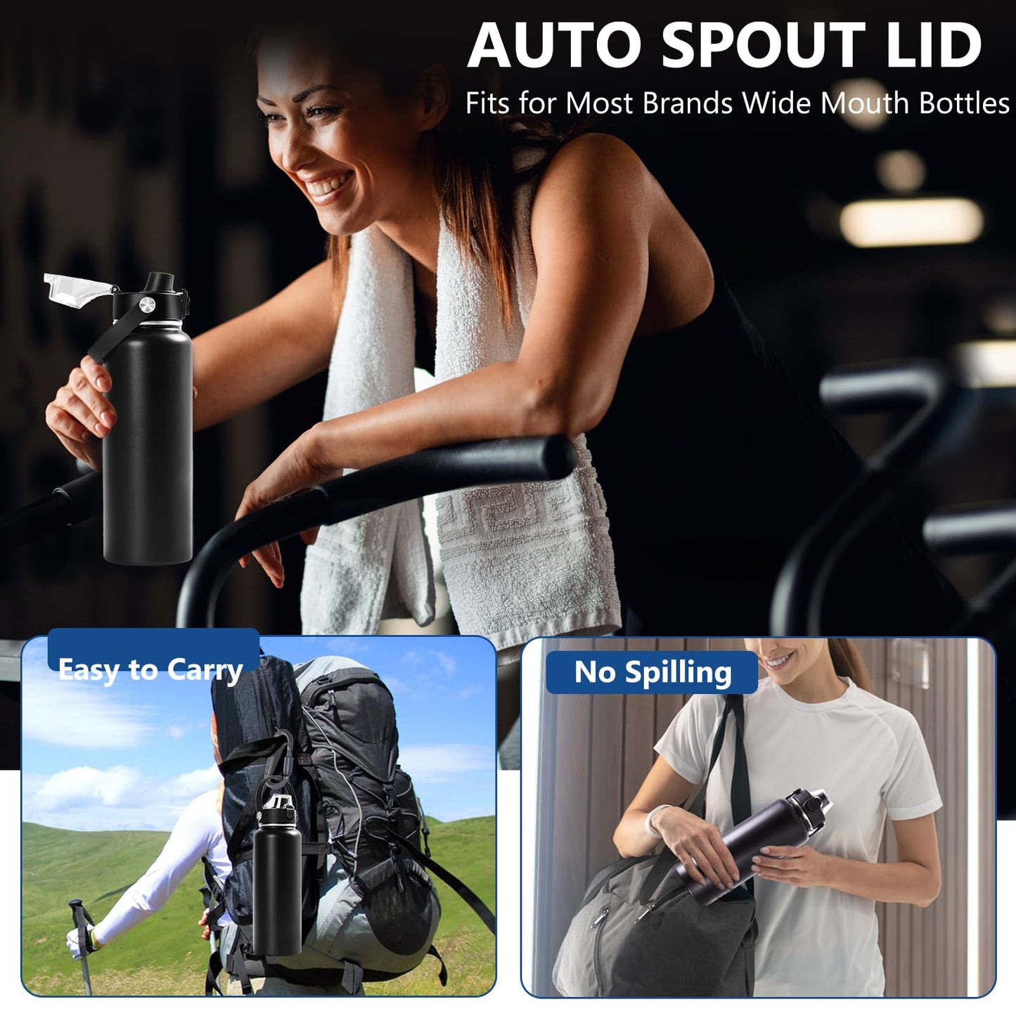 Auto Spout Lid for Hydro Flask Wide Mouth 12-64 oz Bottles, Flip Top Replacement Lid for HydroFlask Wide Mouth Bottles with Button Lock & Soft Handle