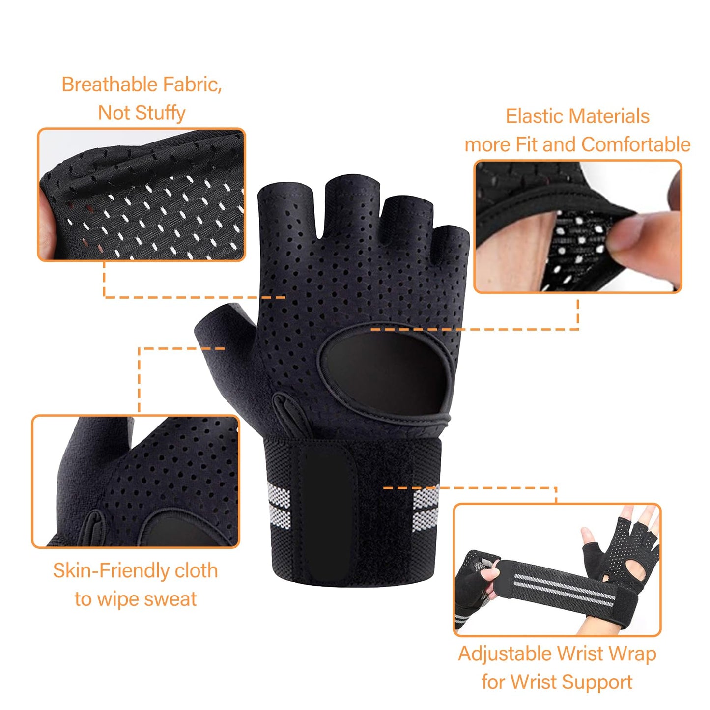 aifitbre Workout Gloves for Men Women, Breathable Weight Lifting Gloves with Wrist Wraps Support for Gym, Exercise, Training and Fitness, Fingerless, Padded Full Palm Protection