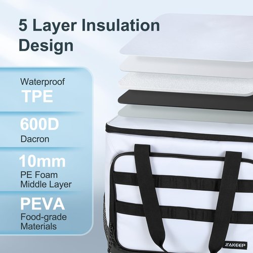 ZAKEEP Soft Cooler Bag, Large Leakproof Beach Cooler, 30 Cans Collapsible Cooler with Adjustable Shoulder Straps, Ice Chest, Portable Insulated Bag Camping Coolerbag for Travel＆Camping＆Picnic, White