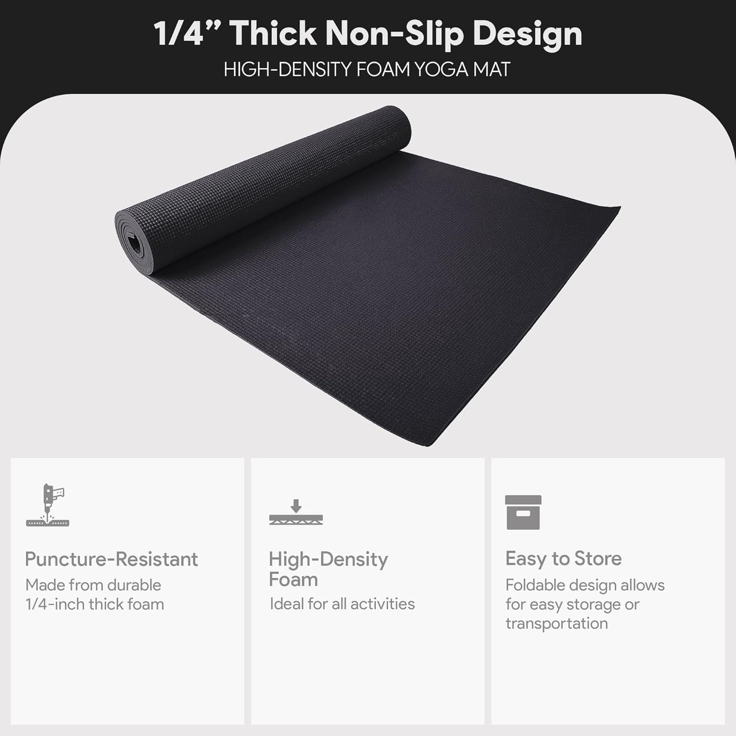 Fitvids All Purpose 1/4-Inch High Density Anti-Tear Exercise Yoga Mat with Carrying Strap, Multiple Colors