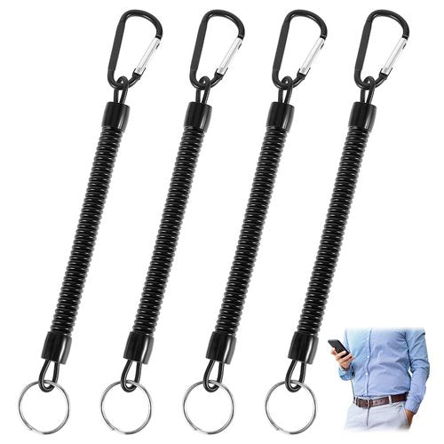 Tyqour Heavy Duty Retractable Coiled Lanyard with Key Ring and Lobster Clasp - 4pcs Lanyard Set for Keys, Wallet, Cellphone - Black