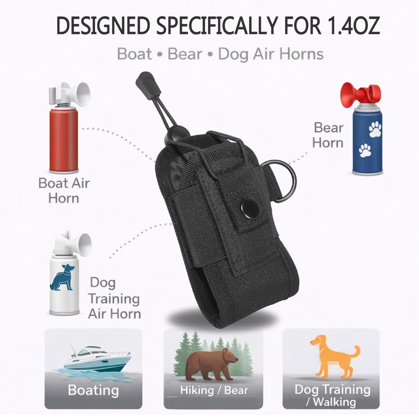 JIUSAIRUI Air Horn Holder for Boating – One-Handed Quick-Access Holder for Backpack Straps, Belts & Life Jackets, Fits Bear Horn & Dog Air Horn, Holster Only (Horn Not Included) - Black