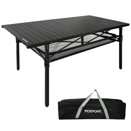 POEPORE Large Folding Camping Table Aluminum with Storage for 4-6 People 55"X27.5" Roll Up Tall Outdoor Portable Table Lightweight with Carry Bag for Picnic BBQ Backyard Beach