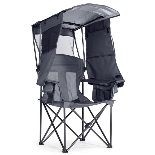 Huskfirm Camping Chair with Canopy Shade - Folding Beach Chair with UPF 50+ Sun Shade, Cup Holder, Side Pocket, Portable Sports Chair for Adults Support 330 LBS, Fishing Camp Outdoor Lawn Chair - Grey