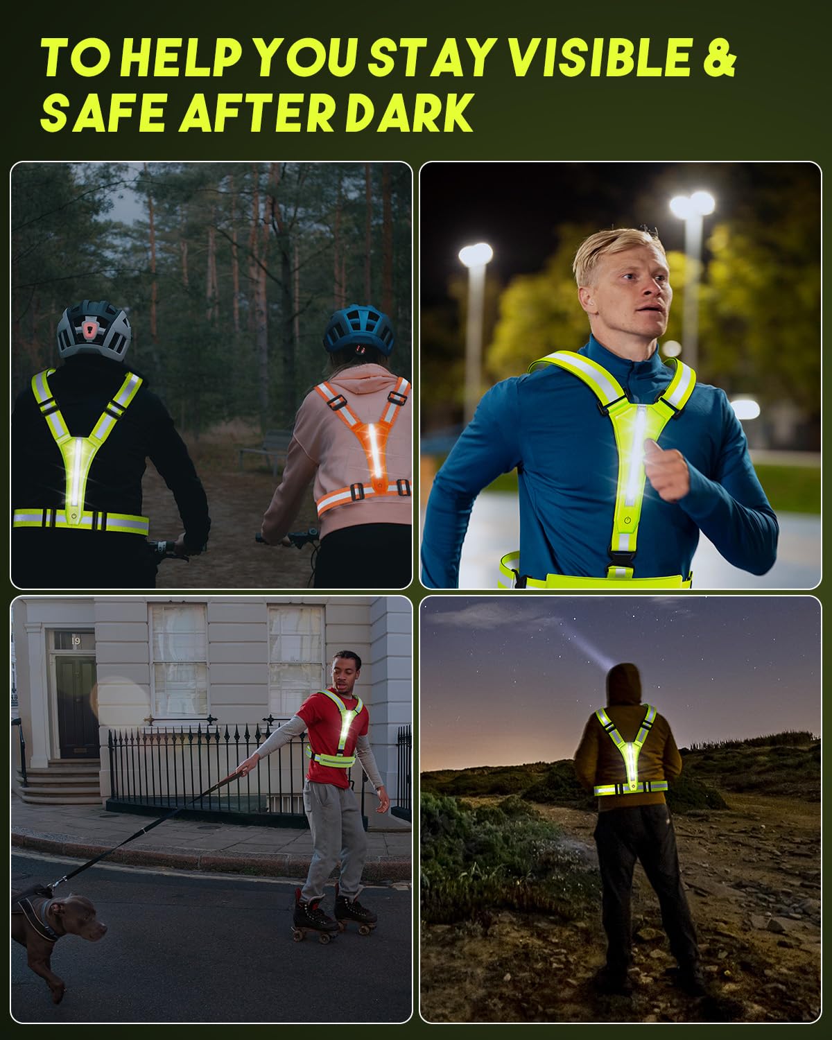 FUNWICT LED Reflective Vest Running Gear 7 Lights Colors Rechargeable High Visibility Safety Vest Reflectors for Walking at Night Reflective Running Vest for Men Women (Neongreen)