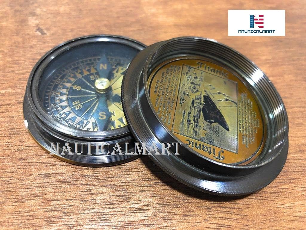 Brass Pocket Compass Marine Titanic Antique Style Engraved Romantic Gift Ideas for Him/Her - Husband Gifts from Wife, for Men Maritime Nautical Compass Hiking Camping Hunting Trekking