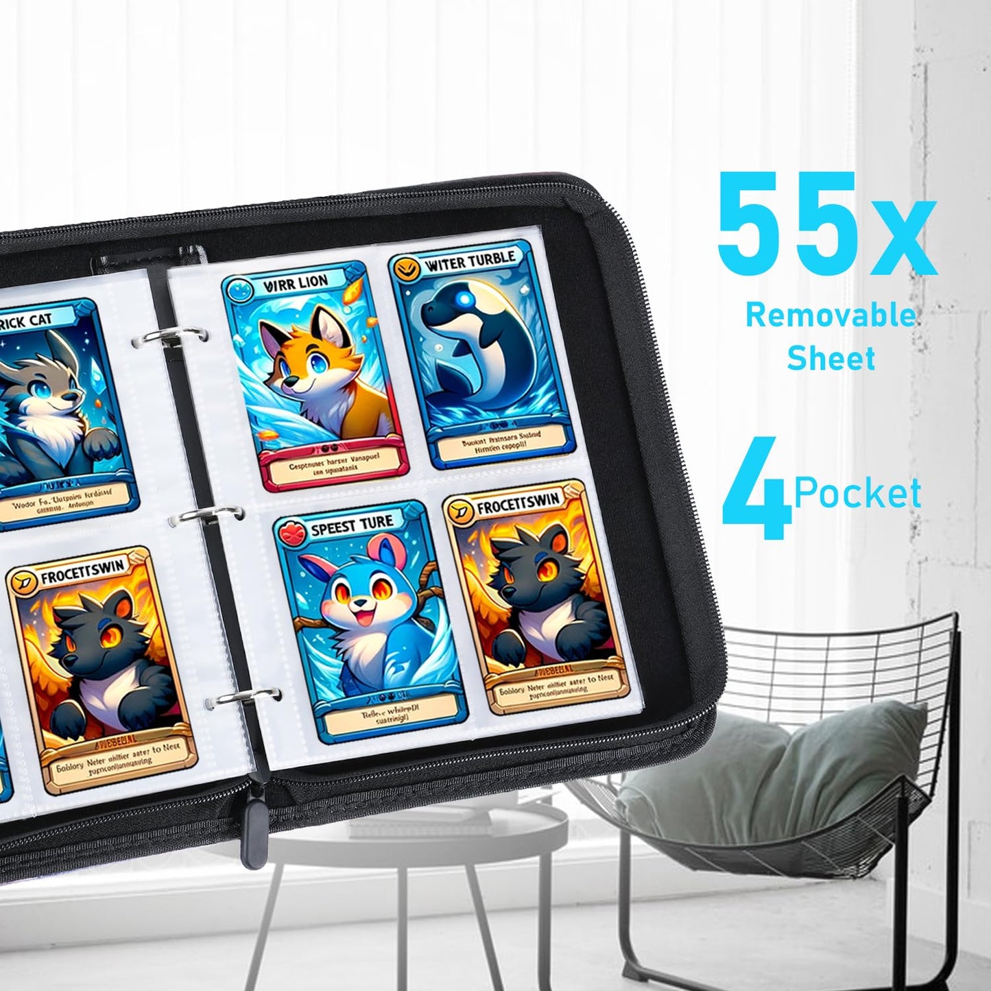 440 Pockets Trading Card Binder with Sleeves, Sport Binder Baseball Football Card Book Album with 50 Removable Pages, Zipper Card Binder Folder with Strap, Card Collector Gift (Waterproof Leather)