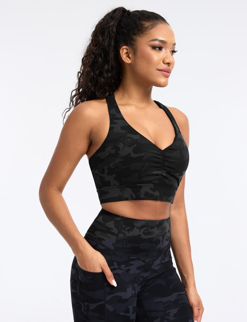 THE GYM PEOPLE Women's Cross Back Ruched Sports Bra V Neck Wide Straps Removable Pads Workout Yoga Crop Top