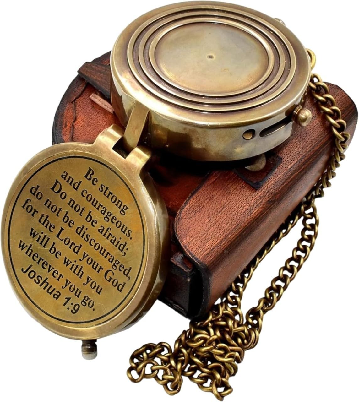 2" Be Strong and Courageous Brass Engraved Compass, Pocket Compass Joshua 1:9,Solid Brass Directional Brass Sundial Compass with Leather Case Baptism Gifts, Gifts for Men Compass,Graduation Day Gifts