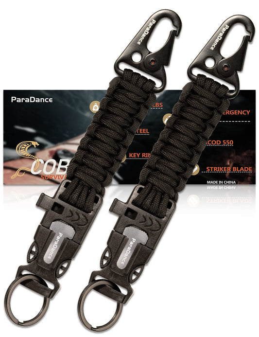 ParaDance Survival Keychain (5-in-1) with Flint/Striker/Paracord/Whistle/Key Ring, Military Braided Paracord Key Chain w/Carabiner Fire Starter, Ideal for Hiking/Camping (2*Black)