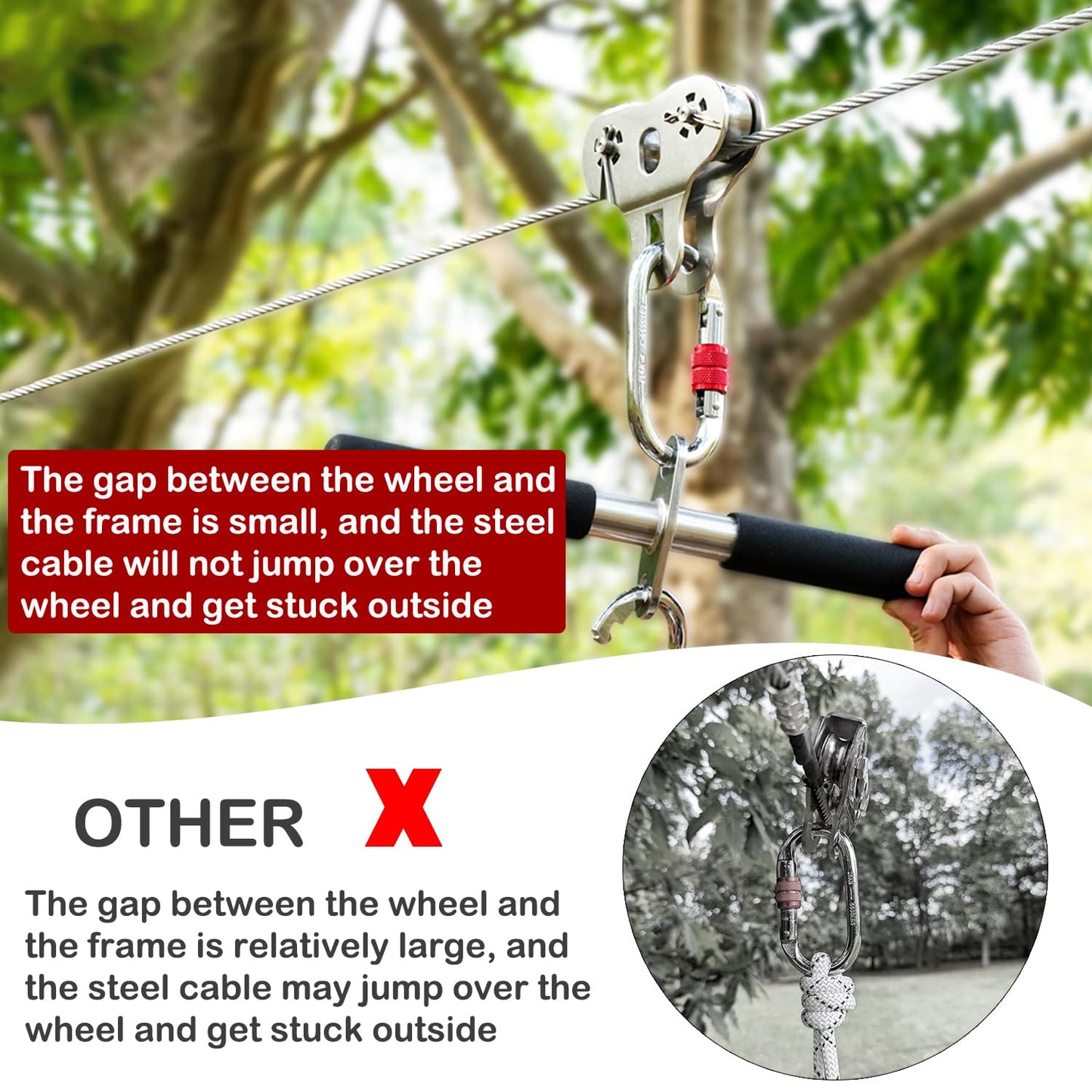 Fologtoo Zipline Pulley, Heavy Duty 304 Stainless Steel Zipline Trolley with Handle for 1/4" to 3/8" Cable, Tandem Speed Double Pulley for Backyard Zip Line, Hauling, Rigging and Commercial Purposes