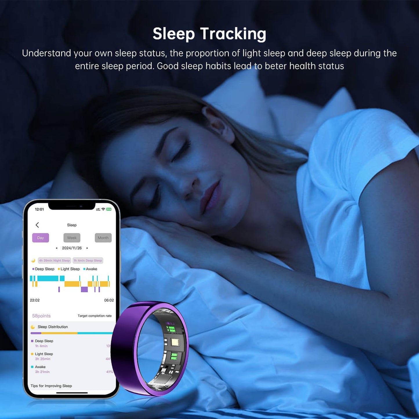 GenXenon Smart Ring -Black-Size 8 Health Tracker with Free Subscription, Gesture Beauty Photo & Brush Video, Fitness Sleep Heart Rate Blood Oxygen Tracking Ring with Charging Case,Gifts for Women Men