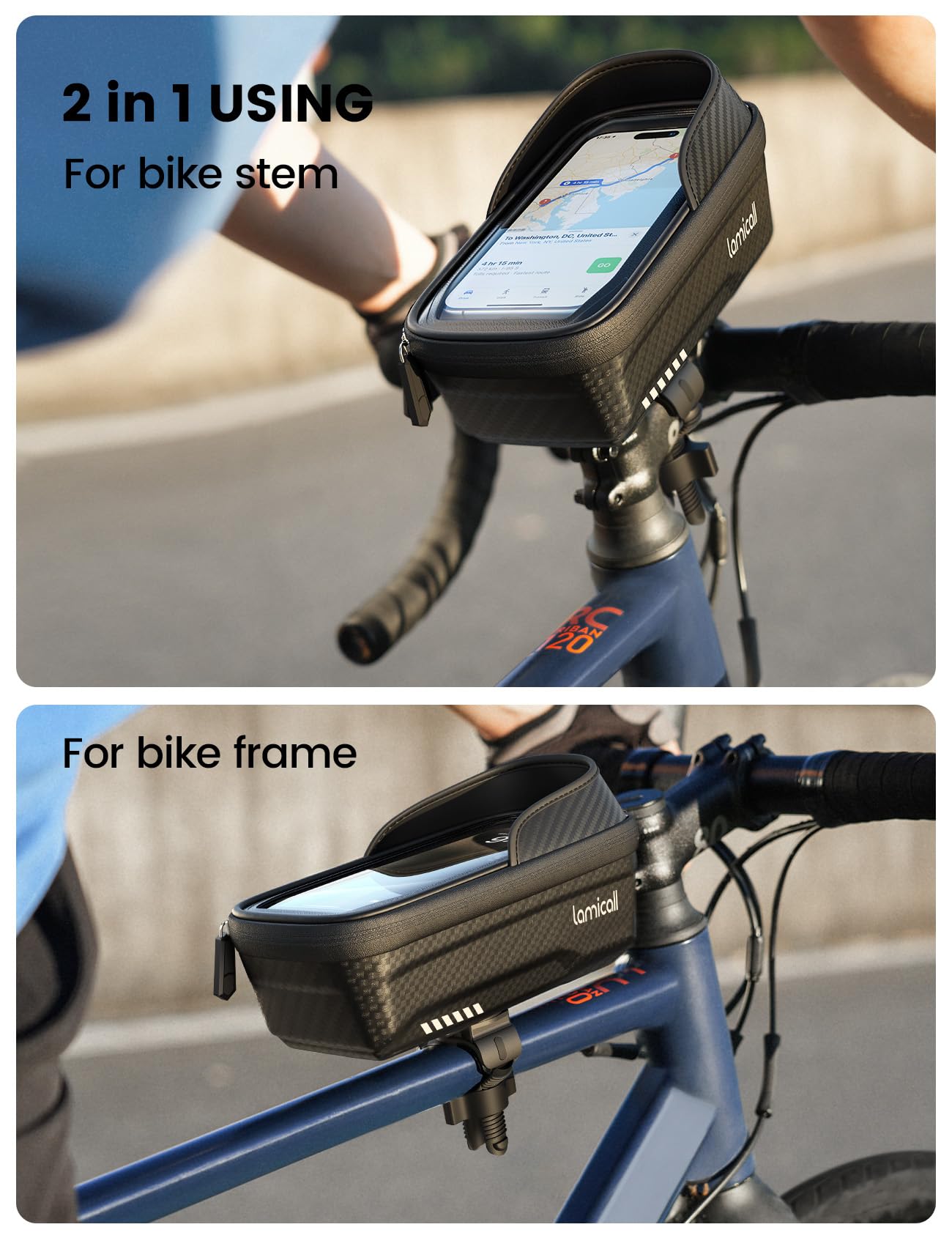 Lamicall Bike Frame Bag Waterproof, [1s Release] [2 in 1], Phone Holder Mount, Cycling Pouch with Rain Cover, Bike and Bicycle Top Tube Bag Accessories for Phones Under 7"