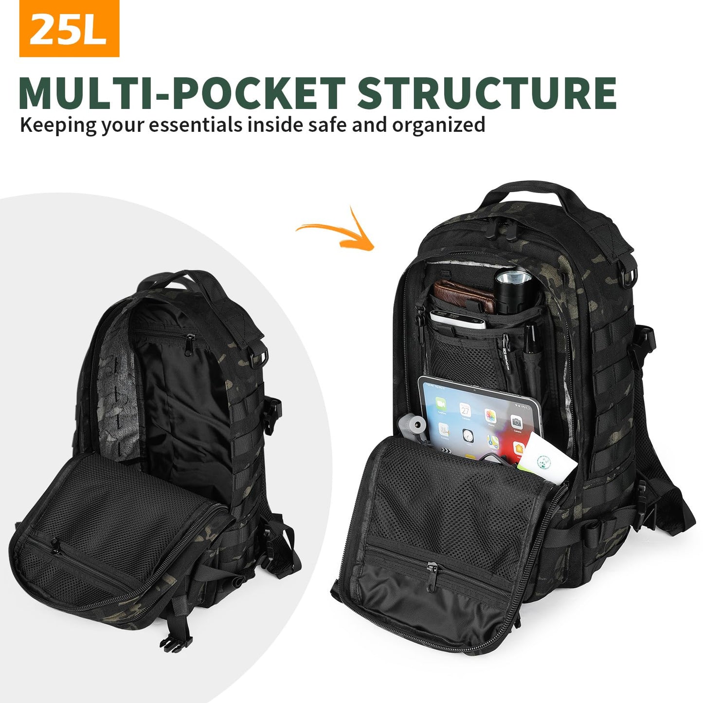 CamGo Military Tactical Backpack 25L MOLLE Hiking Daypack Trekking Rucksack Bug Out Bag for Daily Outdoor Sports (CP Black-25L)